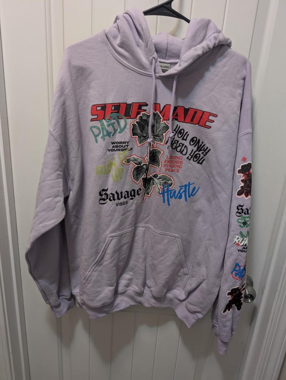 Women's Graphic Purple Hoodie Sweatshirt Self Made, Savage, Hustle, Paid Sz. L